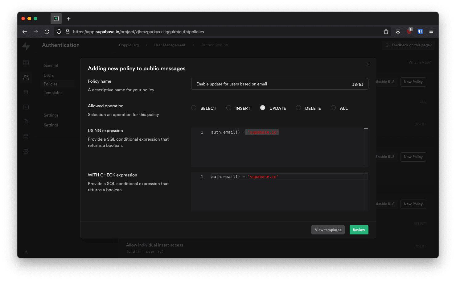 New editor for Row Level Security